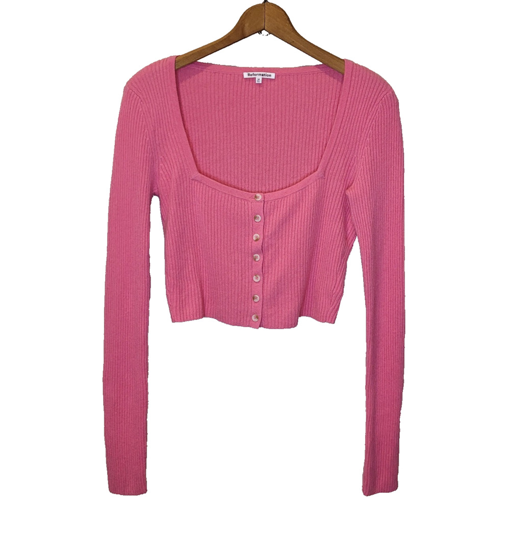 Reformation Womens Pink Cashmere Square Neck Cropped Fitted Idina Sweater Medium